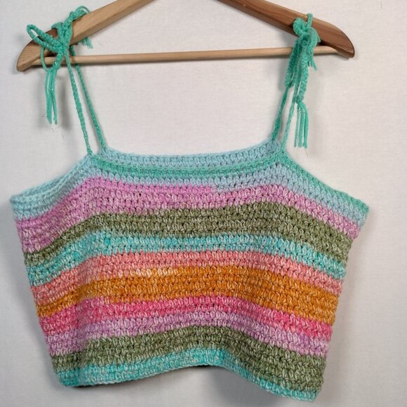 Homemade Crochet Tube Top L/XL Rainbow Pastel Gold Metallic Glitter Tie Cropped - Picture 3 of 12